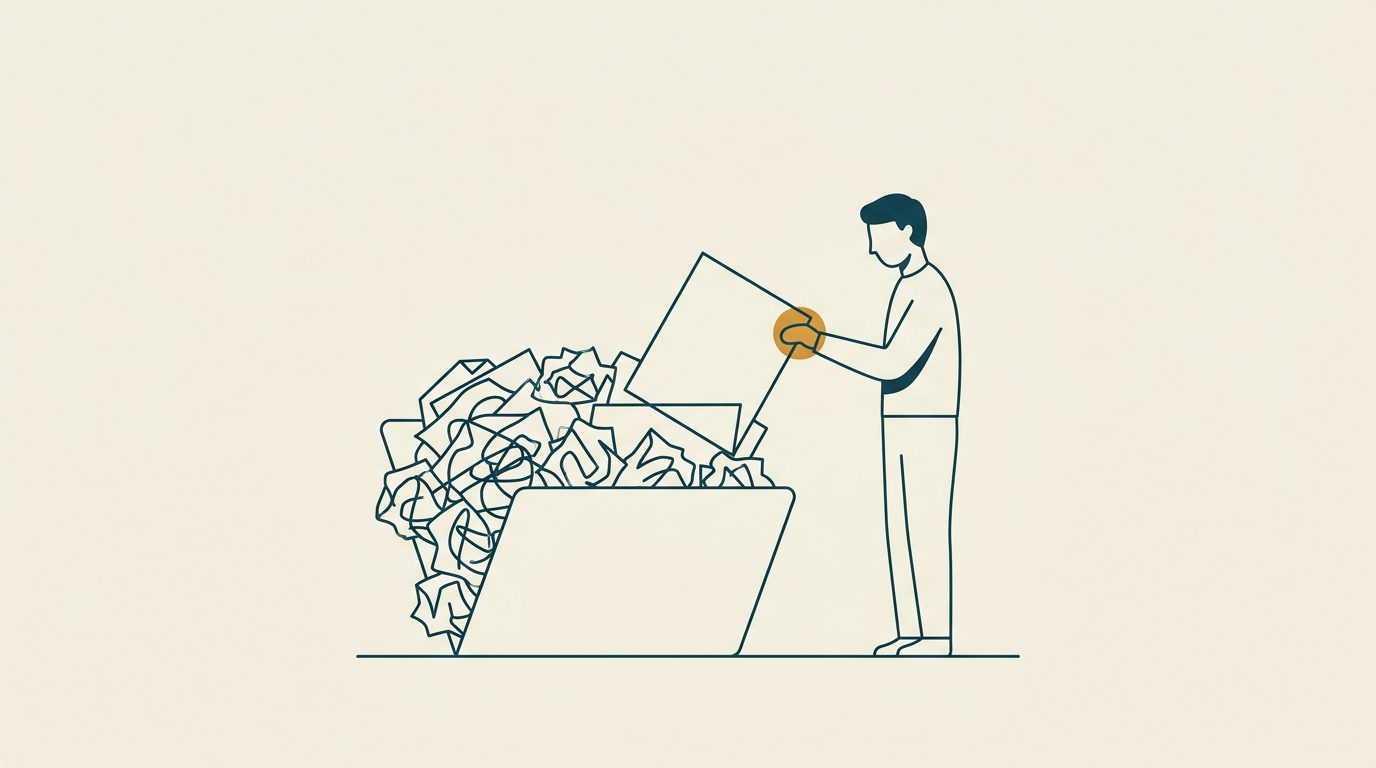 Minimalistisk figur drar ut slätt papper från rörig mapp, symboliserar dataextrahering.