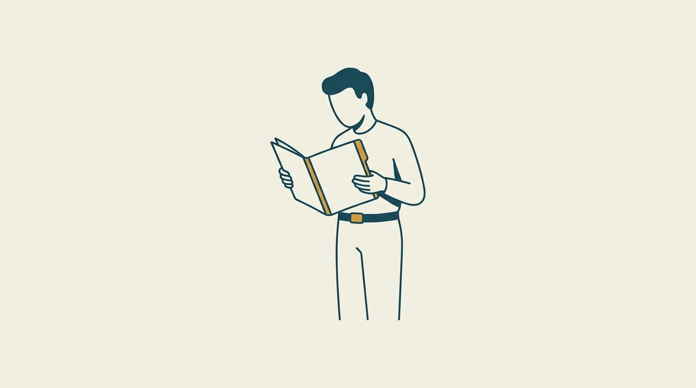 Stiliserad figur granskar tomt dokument i öppen mapp. Enkel, lugn illustration i blått och ockra.