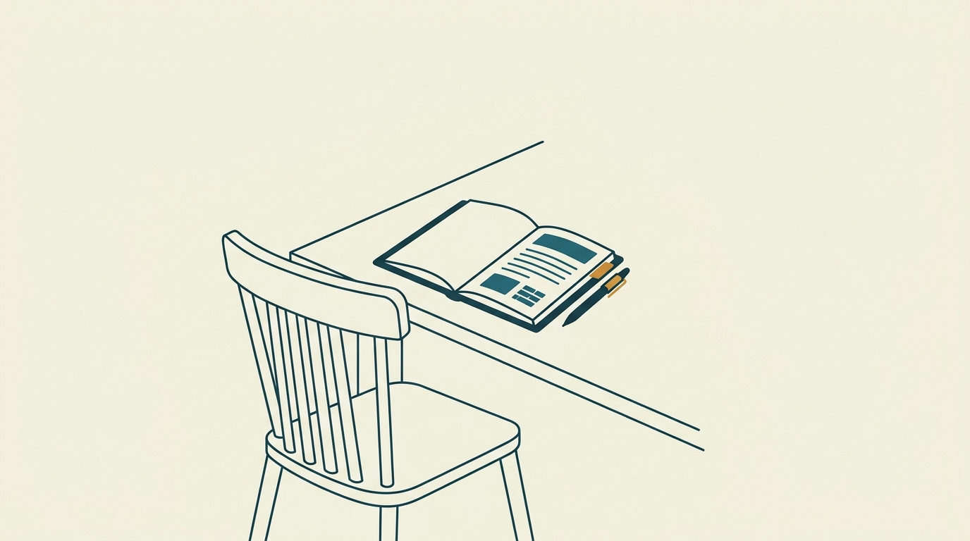 En tom trästol vid ett minimalistiskt skrivbord med öppen anteckningsbok på vit bakgrund.
