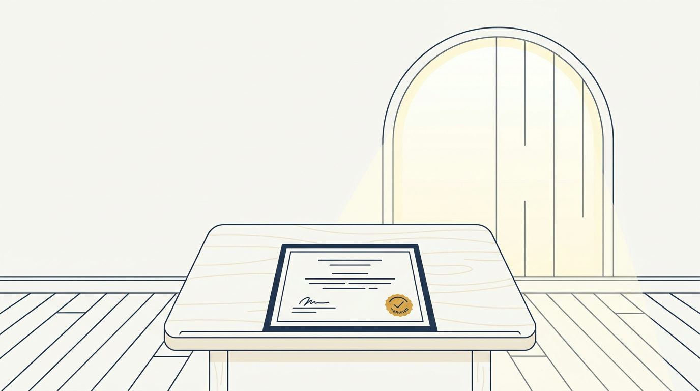 A certificate with a gold verification seal on a wooden desk inside a minimalist, sunlit studio interior.