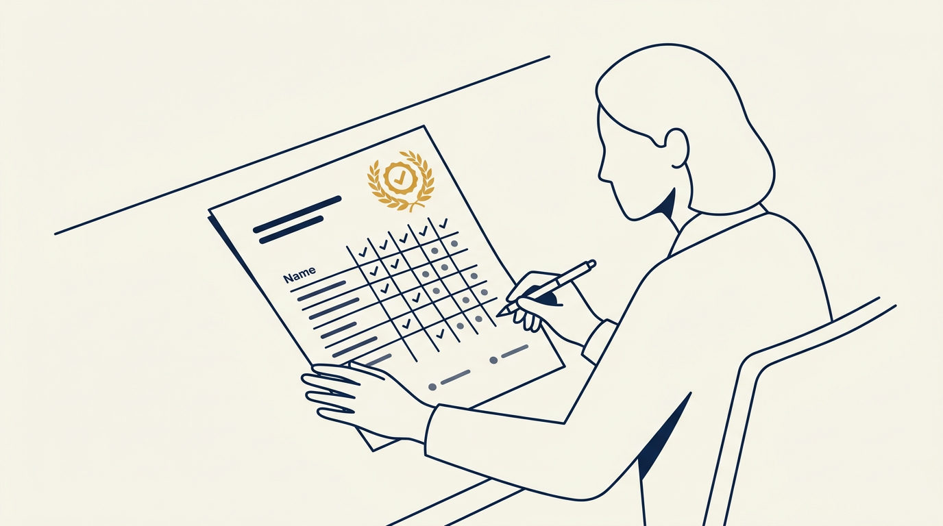 Minimalist navy illustration of a faceless instructor reviewing a document with a gold seal on ivory background.