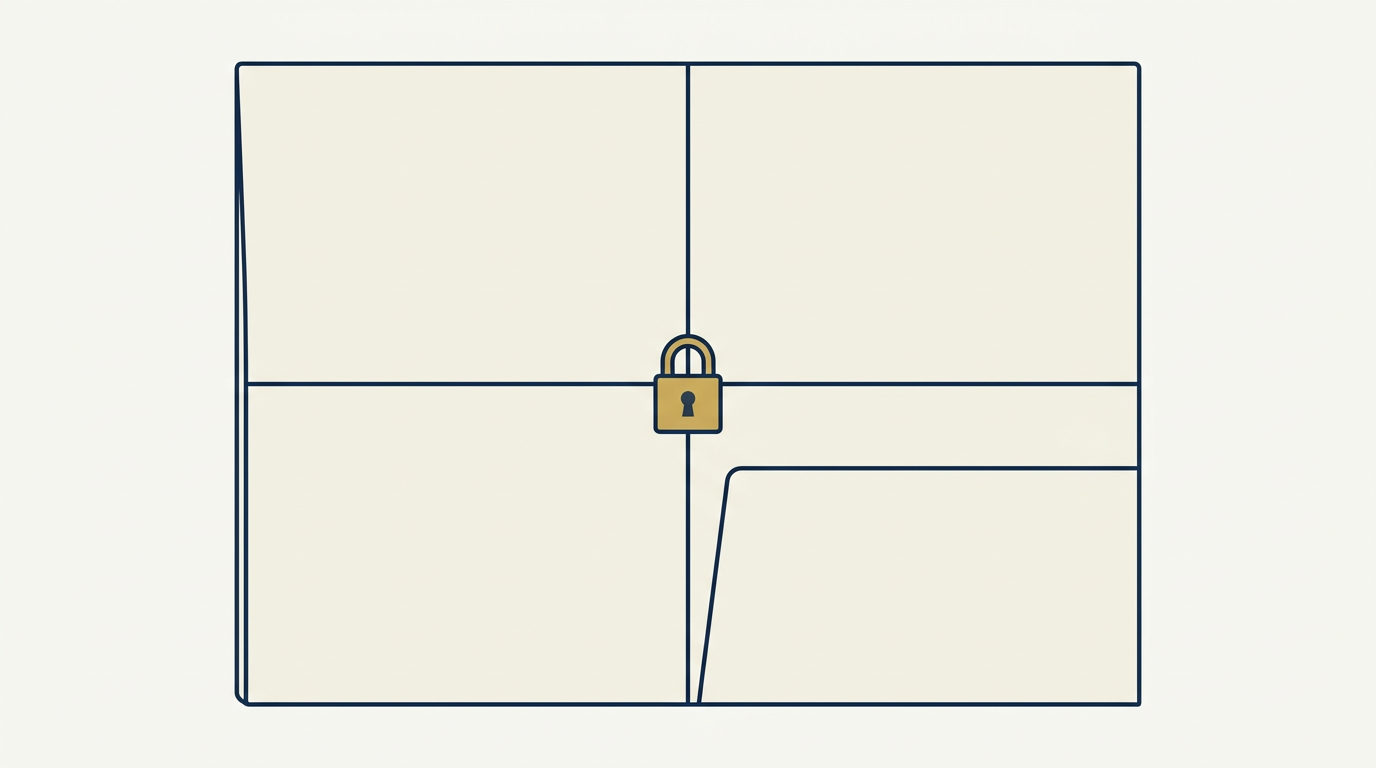 Flat vector bird's-eye view of a four-quadrant navy folder with a central gold padlock on ivory background.