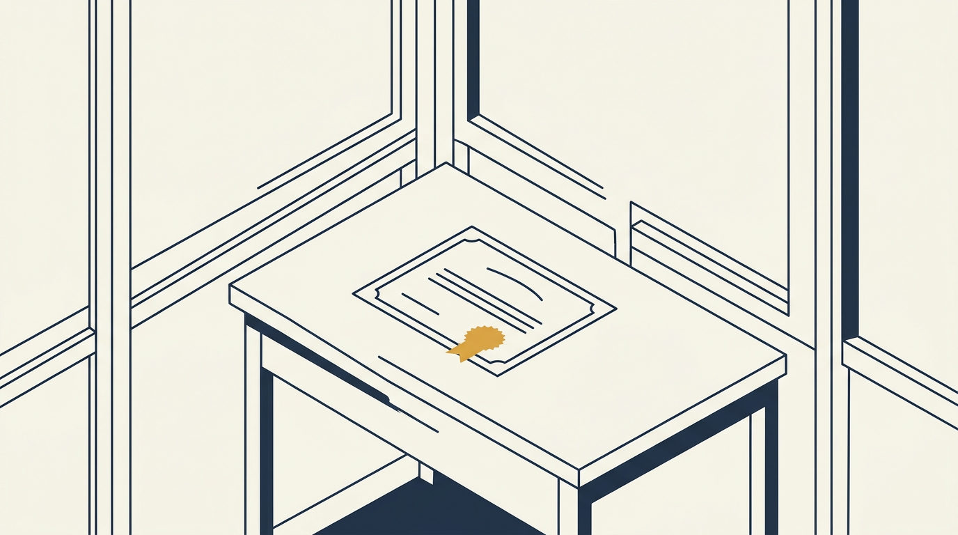 Minimalist navy line illustration of an office desk holding a certificate with a gold verification seal.