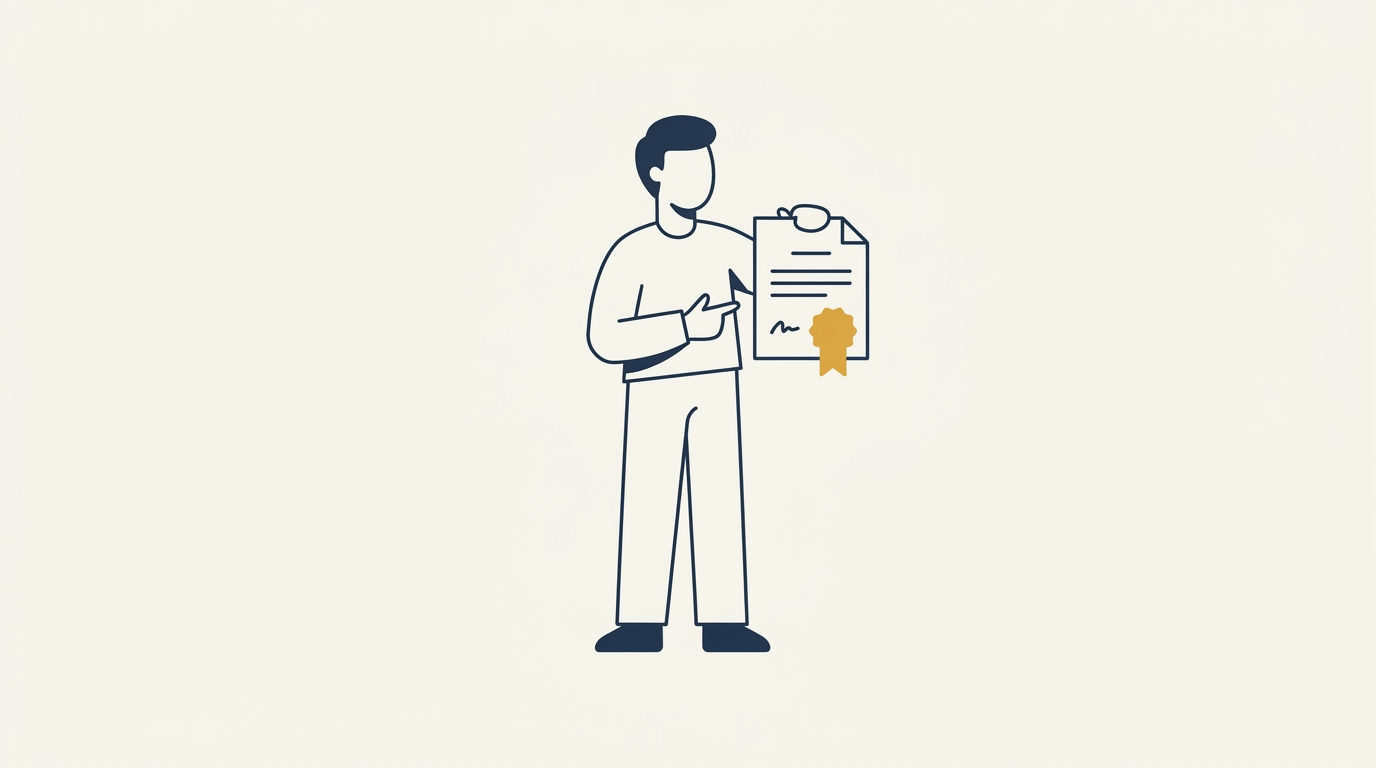 Illustration vectorielle minimaliste représentant une silhouette bleu marine tenant une attestation de formation dotée d'un sceau de vérification doré.