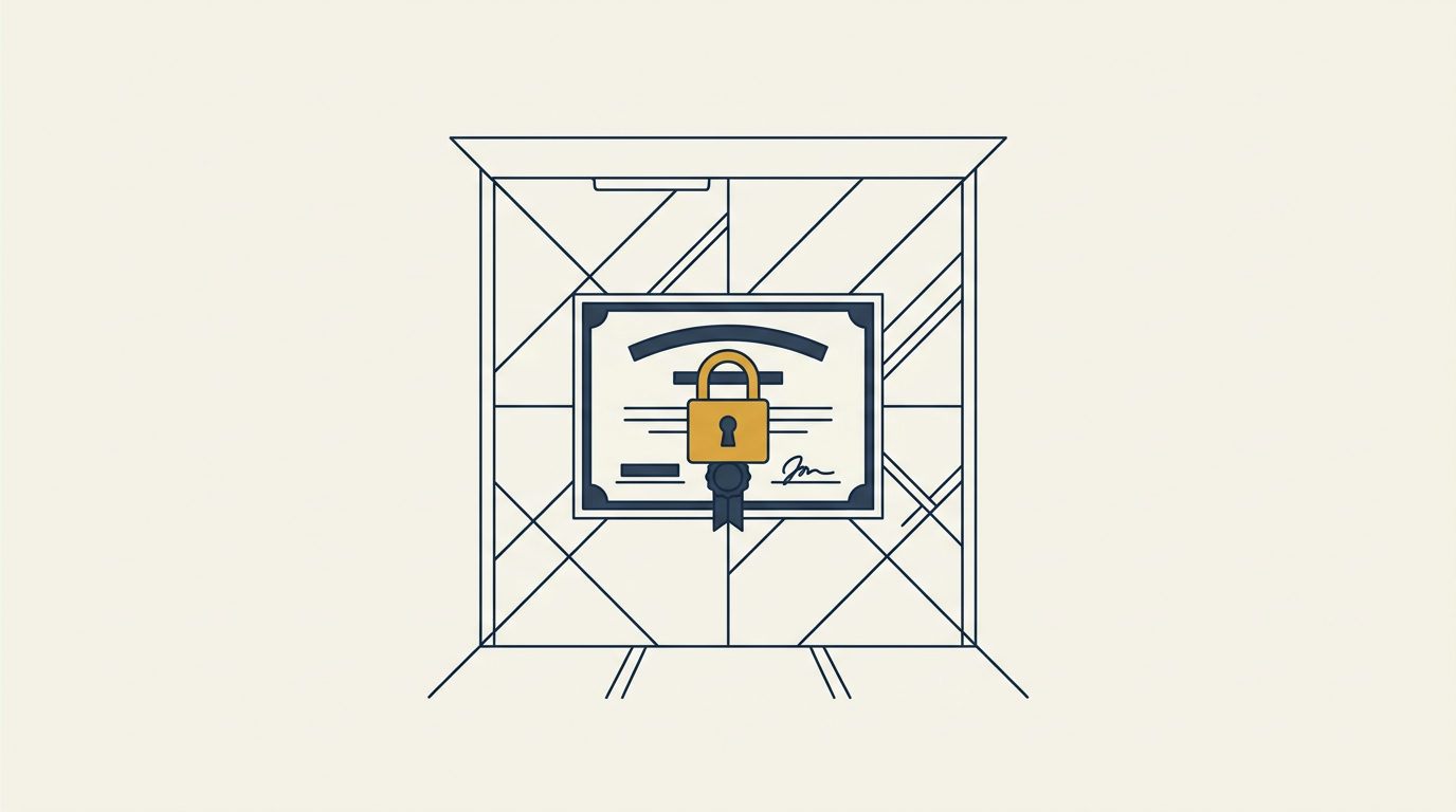 Illustration vectorielle minimaliste en vue de dessus représentant une attestation de formation papier avec un cadenas doré sur fond crème.