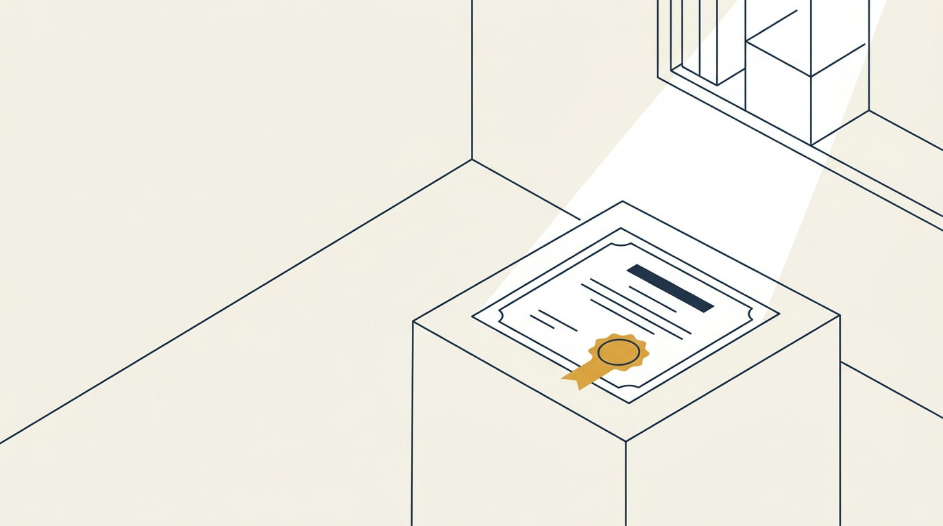Illustration vectorielle minimaliste d'une attestation de formation ornée d'un sceau doré, posée sur un socle sous un éclairage diagonal.