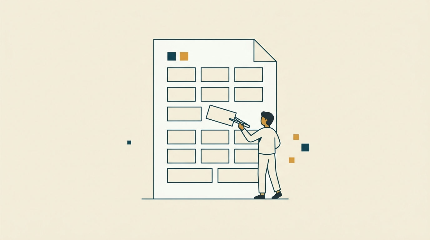 Minimalistisk vektorillustration av en figur som lyfter ut ett rektangulärt block ur ett uppdelat dokument mot ljus bakgrund.
