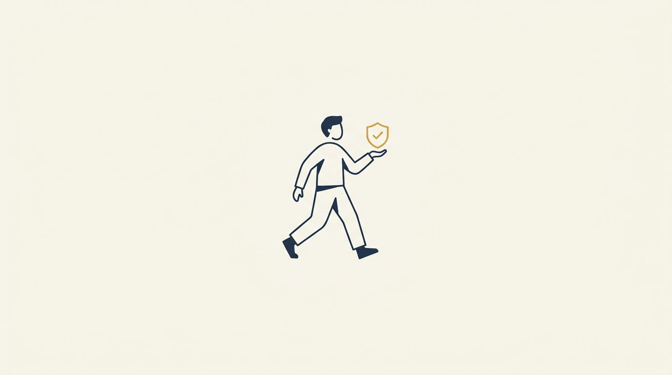 Faceless figure in mid-stride holding a brass gold verification shield on an ivory background.