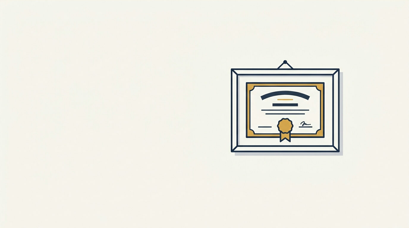 Flat vector art: a framed certificate with a gold seal hangs centered on a warm ivory wall.