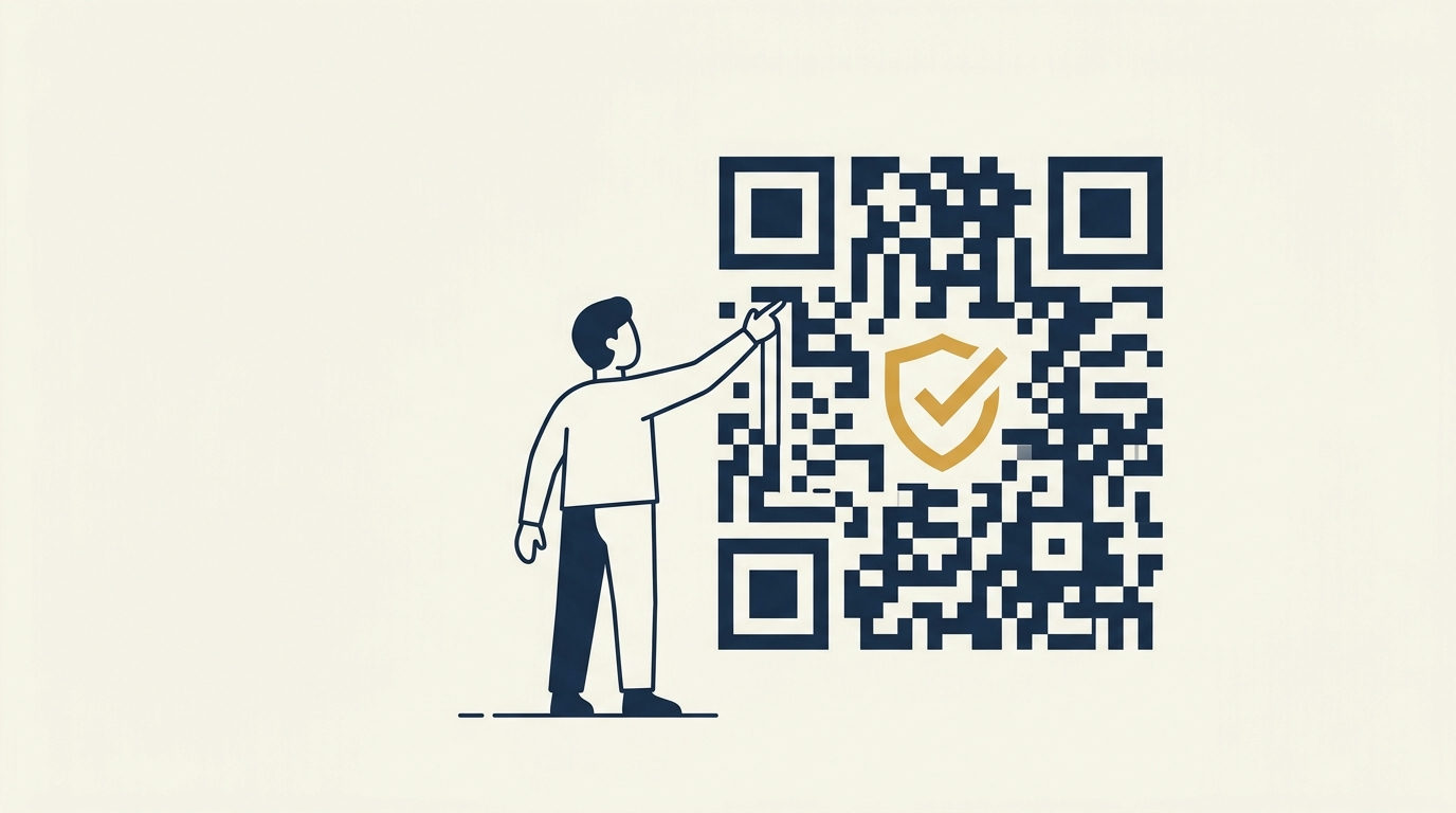 Stylized figure touching a large QR code, conveying digital information and verification.