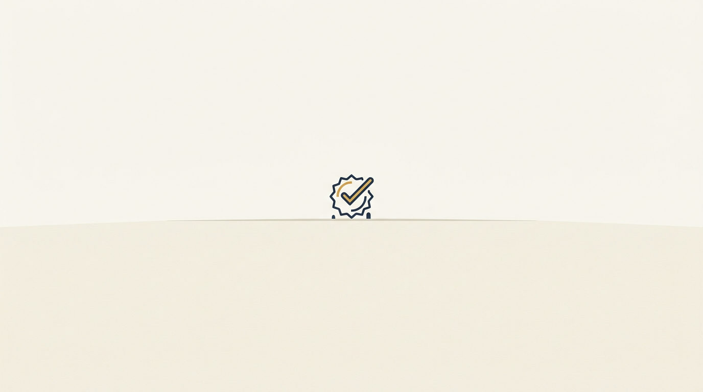 A minimalist landscape with a gold and navy verification badge on a distant, flat horizon line.
