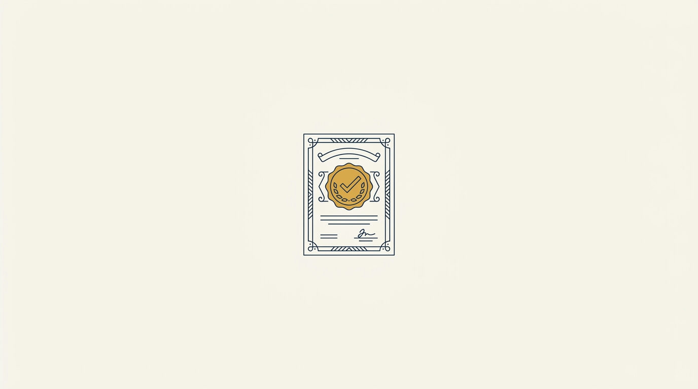 Cream background with single navy linework certificate, brass gold verification badge with checkmark, slate details.