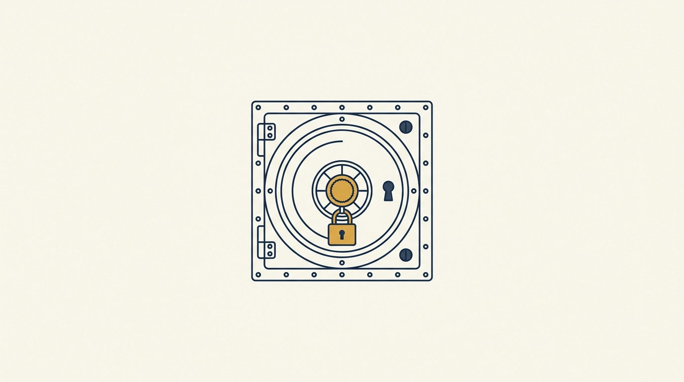 Flat vector illustration: Heavy navy vault door with a golden padlock in a cream wall.