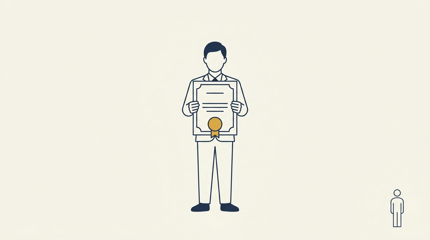 Stylized figure in navy holding a certificate with a brass gold seal against a cream background.