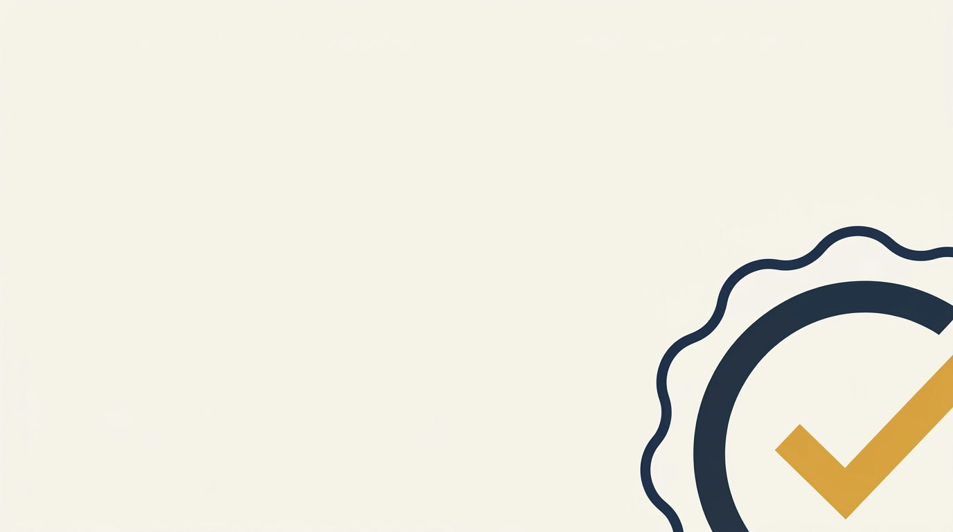 Brass gold checkmark, deep navy badge outline, bottom corner, on ivory cream background.