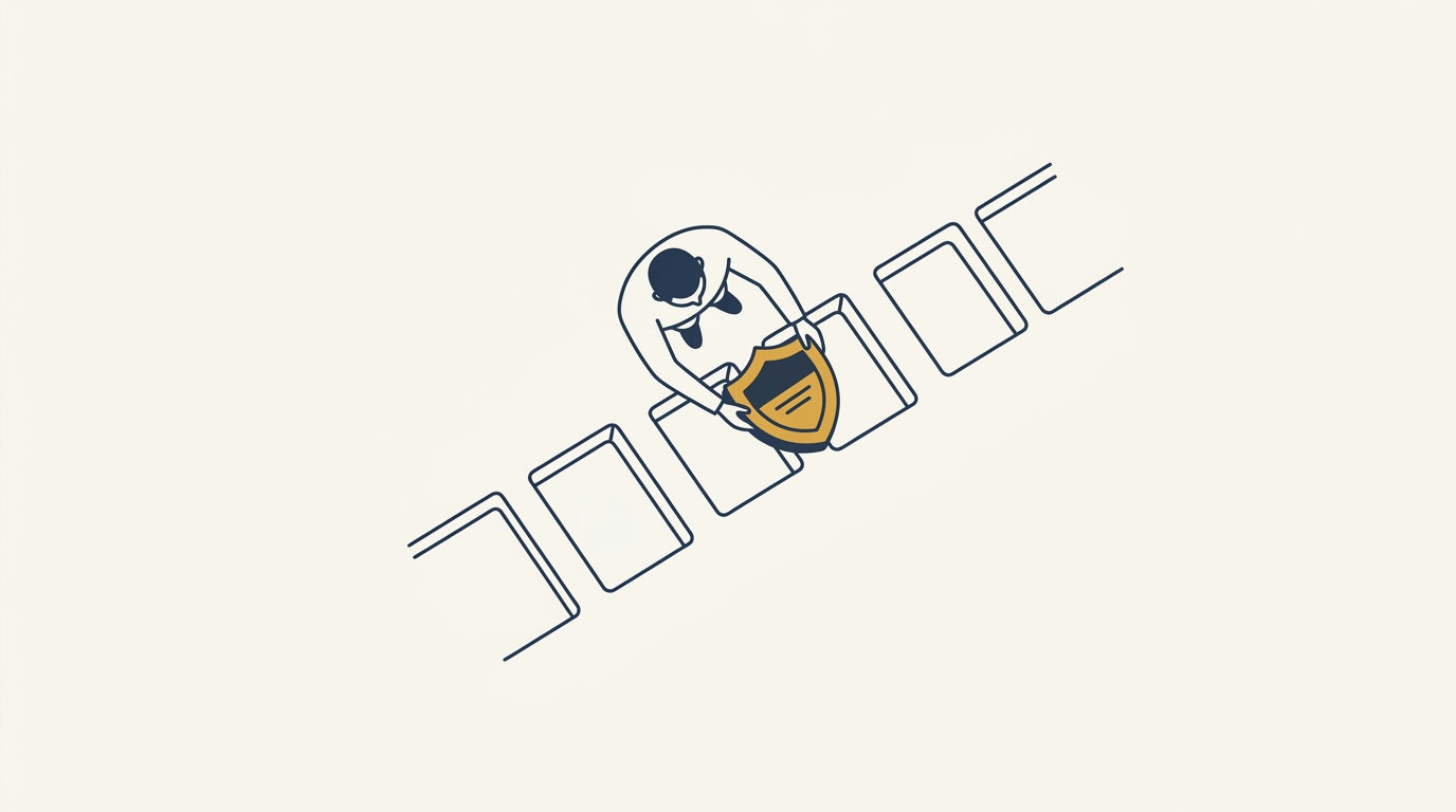 Minimal figure in deep navy slides a brass gold shield into empty slots on an ivory background.