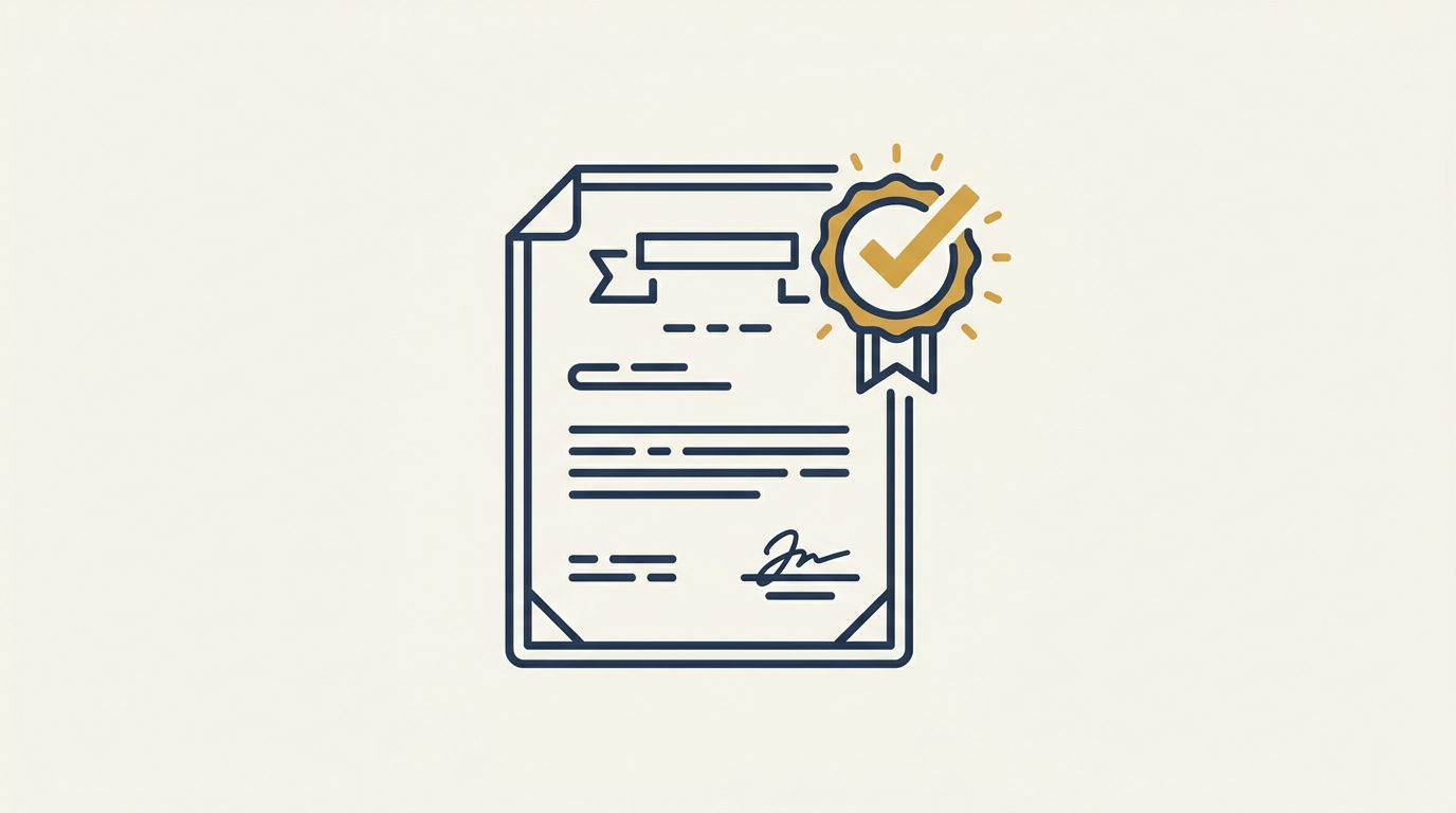 A minimalist certificate with a brass gold verification badge and navy checkmark on a cream background.