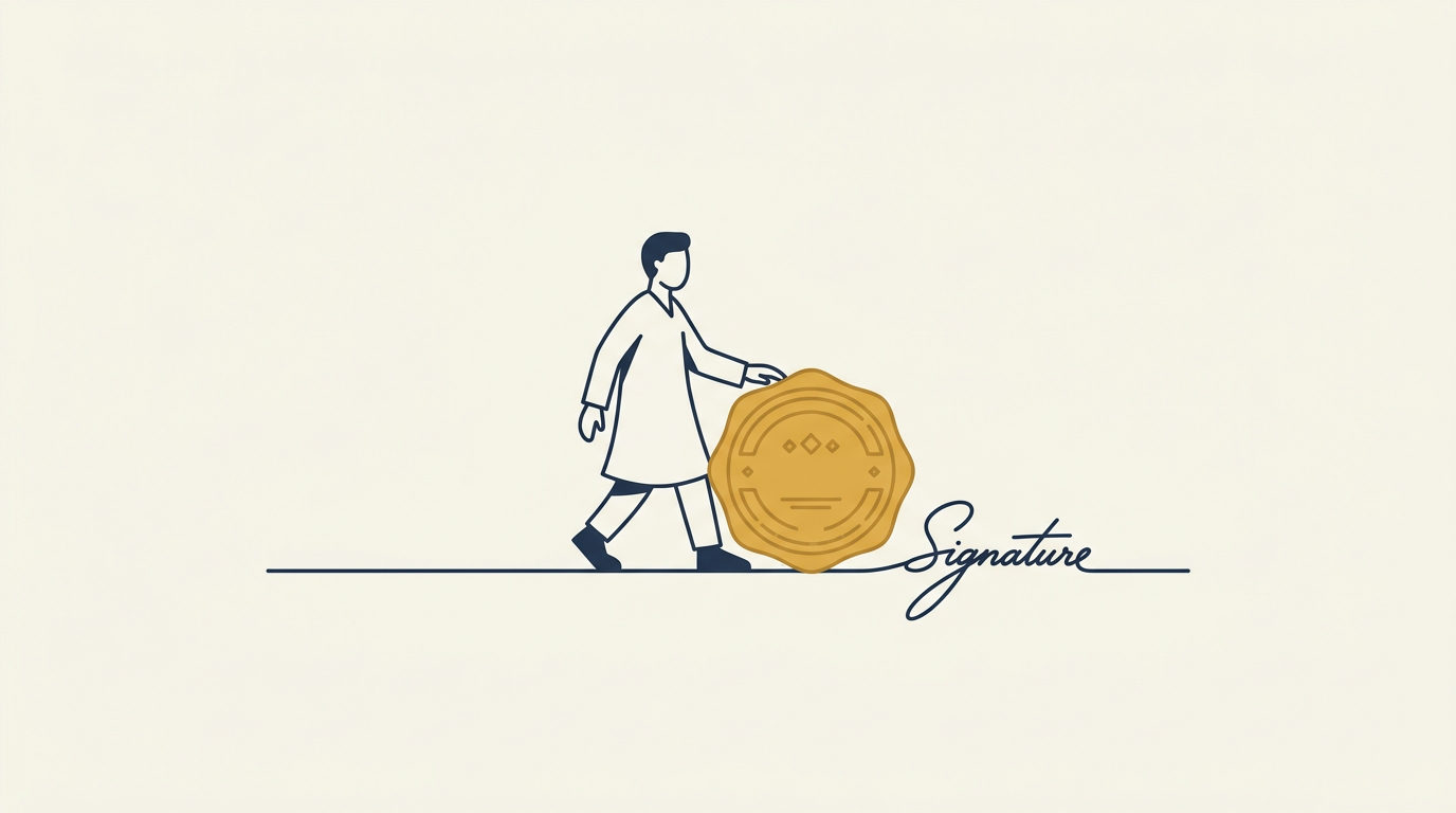 Faceless figure walks navy line, rolling a large brass gold verification seal on an ivory background.