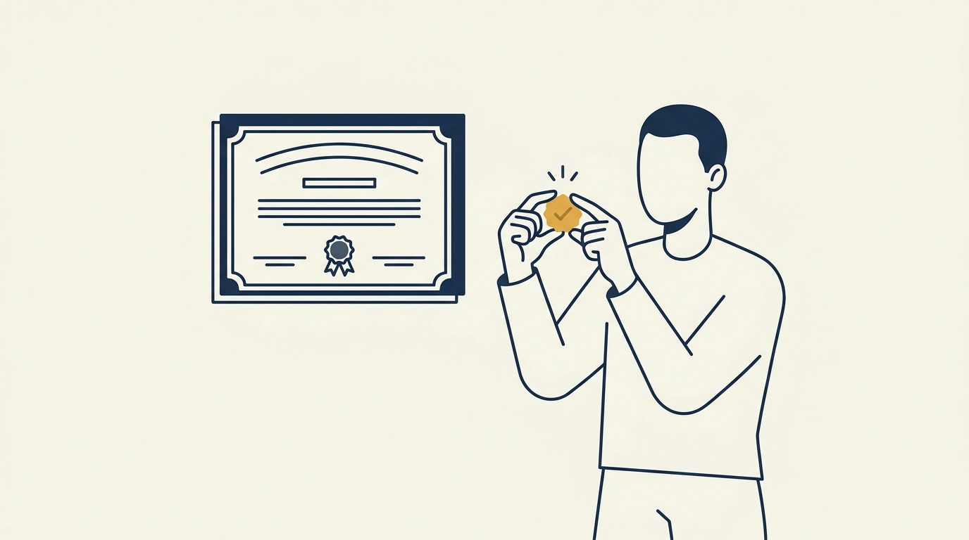 Stylized figure holds a brass gold badge, comparing it to a floating navy certificate document.