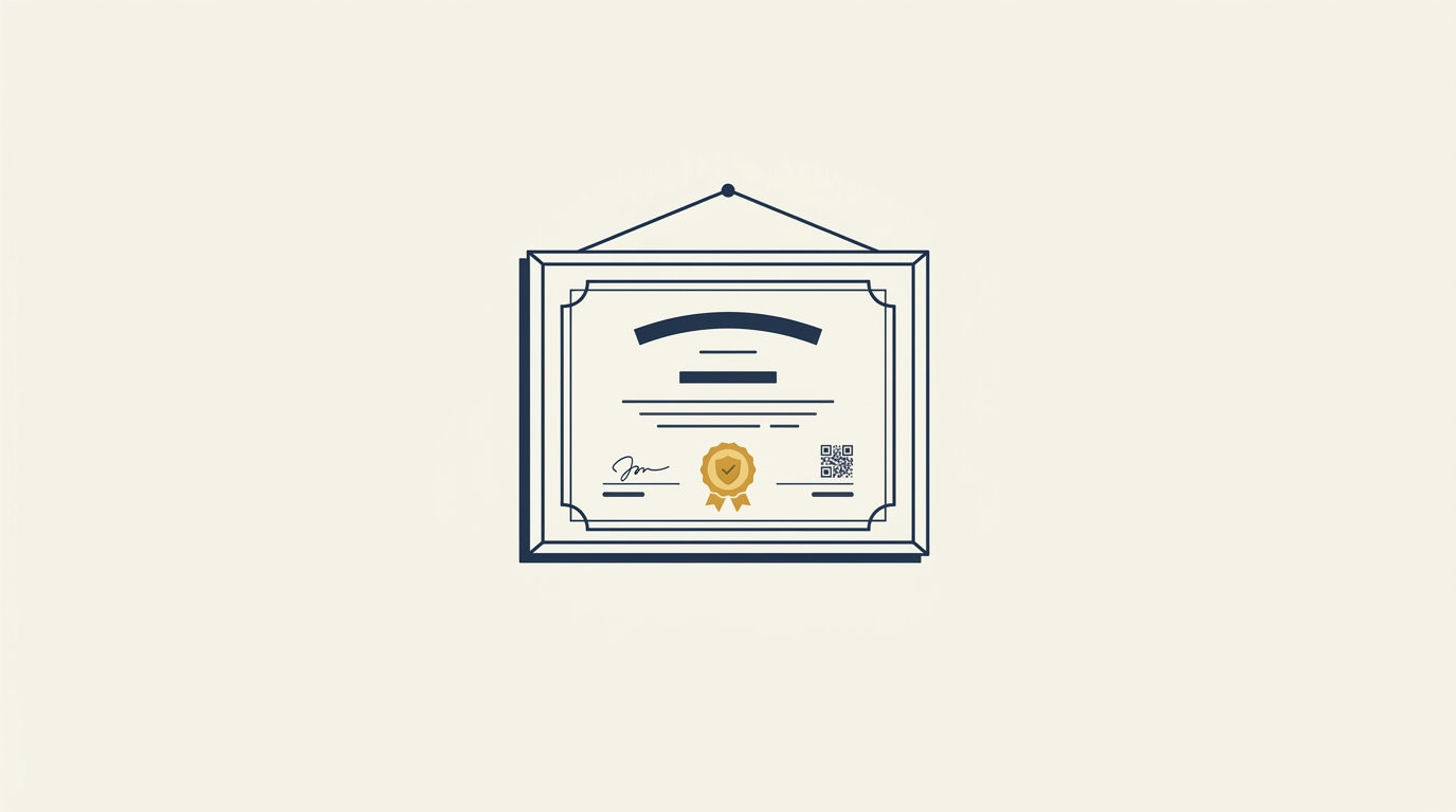 Minimalist vector illustration of a framed certificate with a gold seal on a warm ivory background.