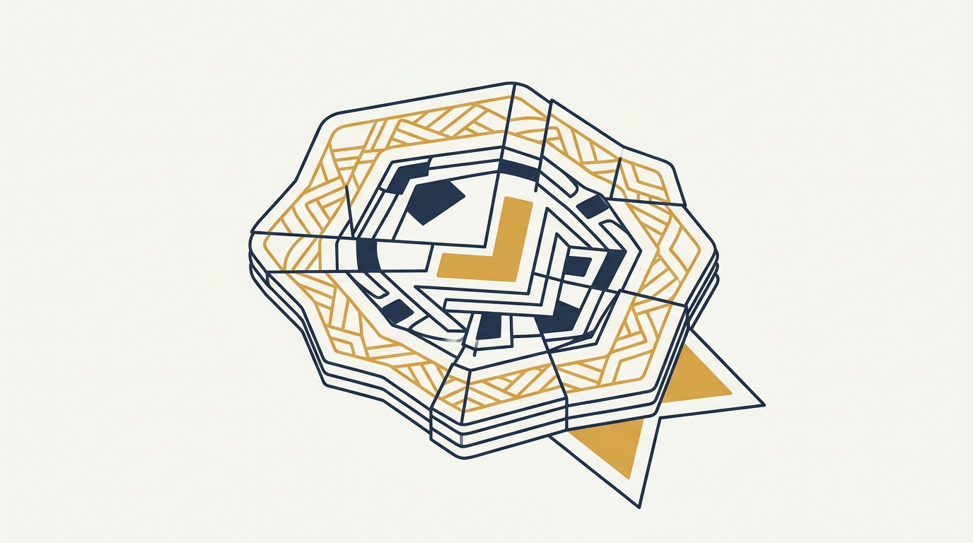 Close-up of a segmented brass gold verification badge revealing deep navy structural linework.