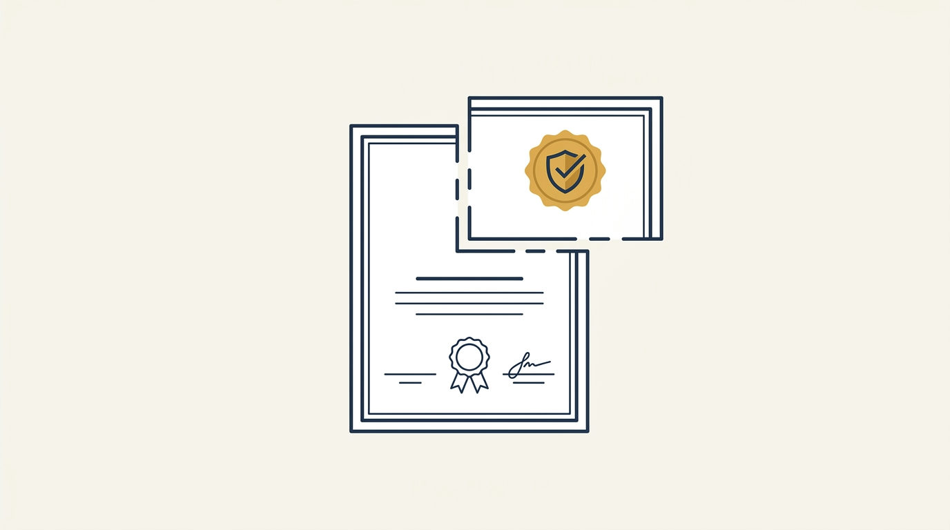 Ilustração vetorial de um certificado de formação sobre fundo creme com um selo dourado de verificação.