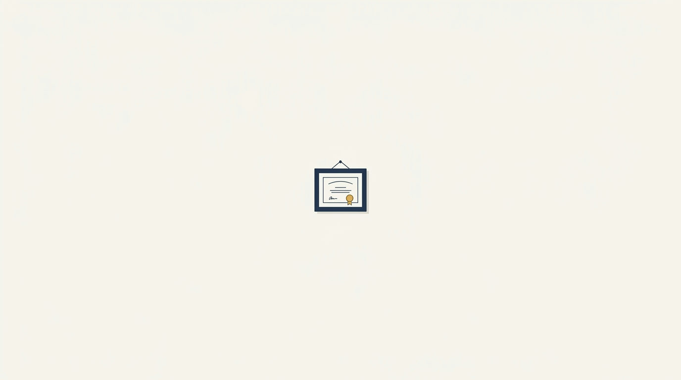 Ilustração minimalista de um pequeno certificado de formação com moldura azul-escura e selo dourado, centrado numa ampla parede creme.