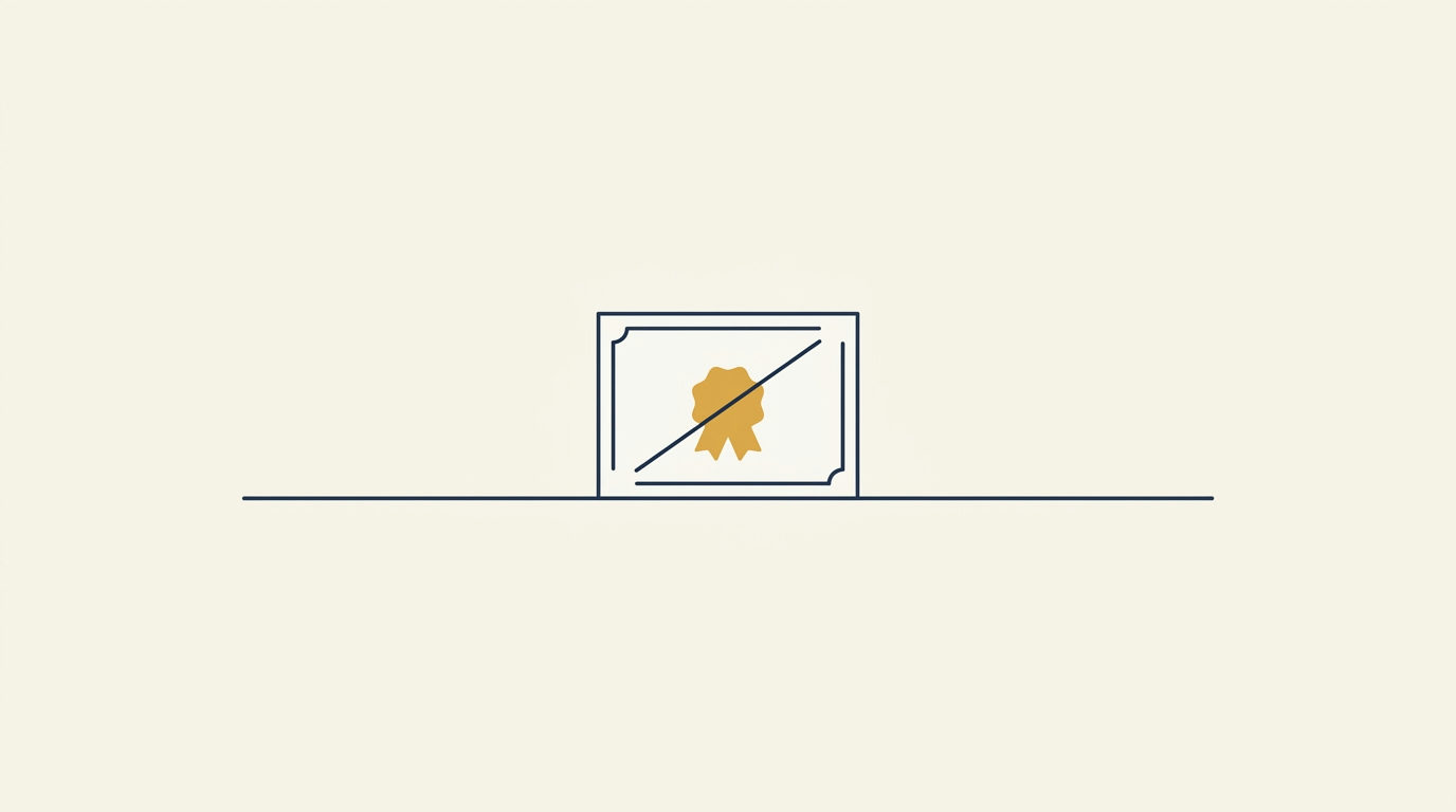 Ilustração vetorial minimalista de um certificado de formação com um selo dourado riscado sobre um fundo creme suave.
