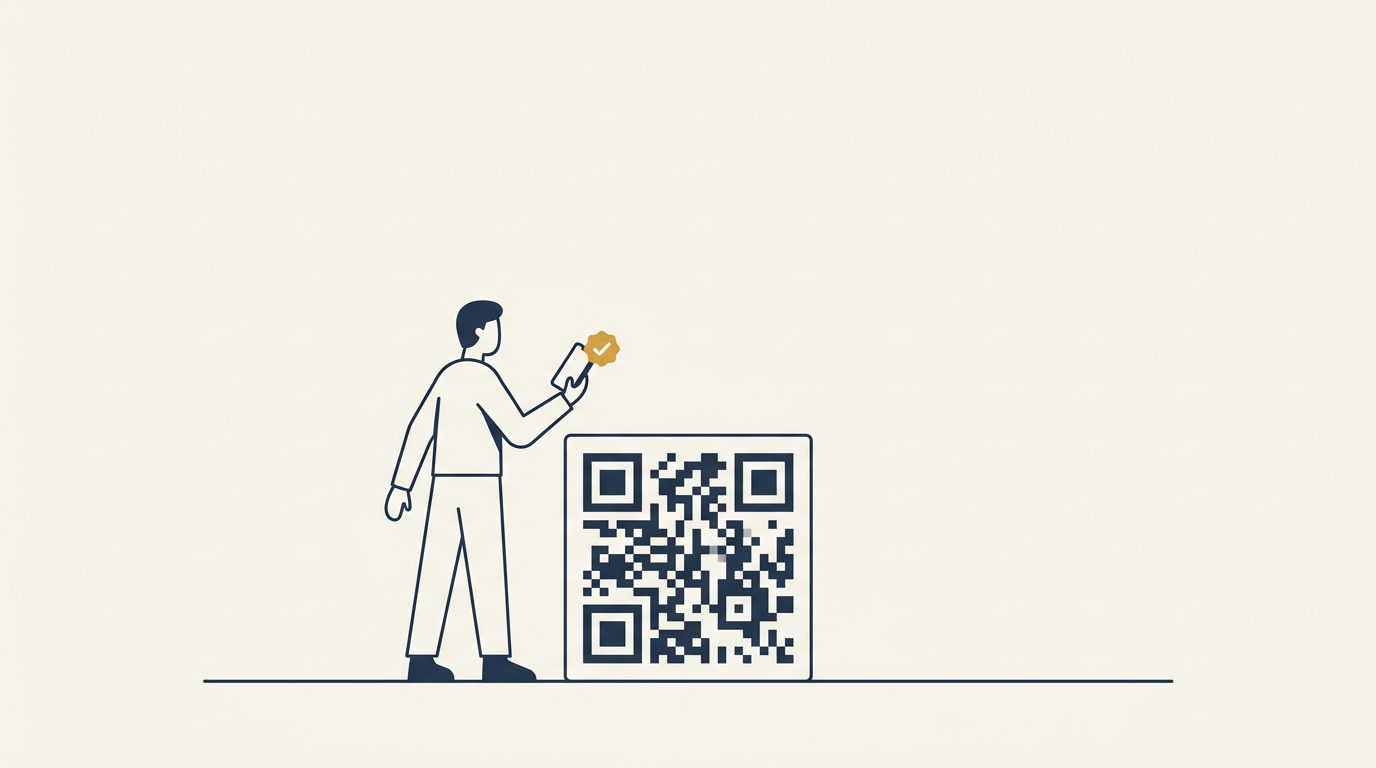 Ilustração minimalista de uma pessoa a utilizar um smartphone para ler um código QR no chão.