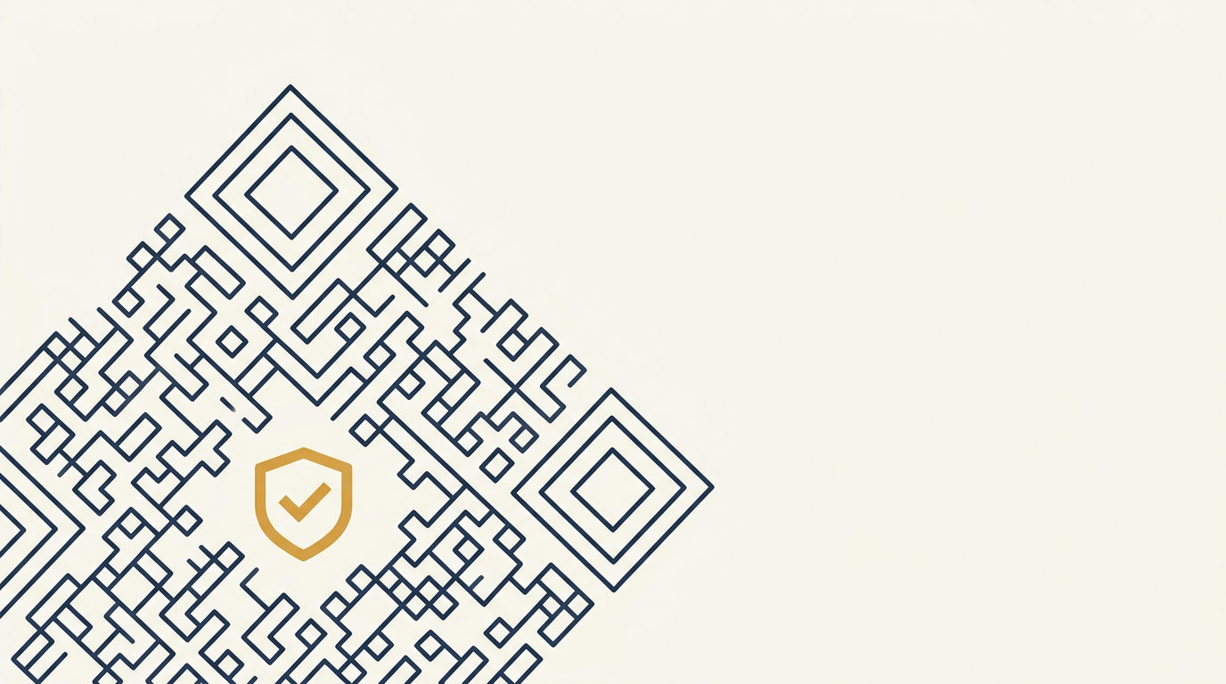 Mørkeblå geometrisk QR-kode med et gyllent verifiseringsmerke på en varm, kremhvit bakgrunn.