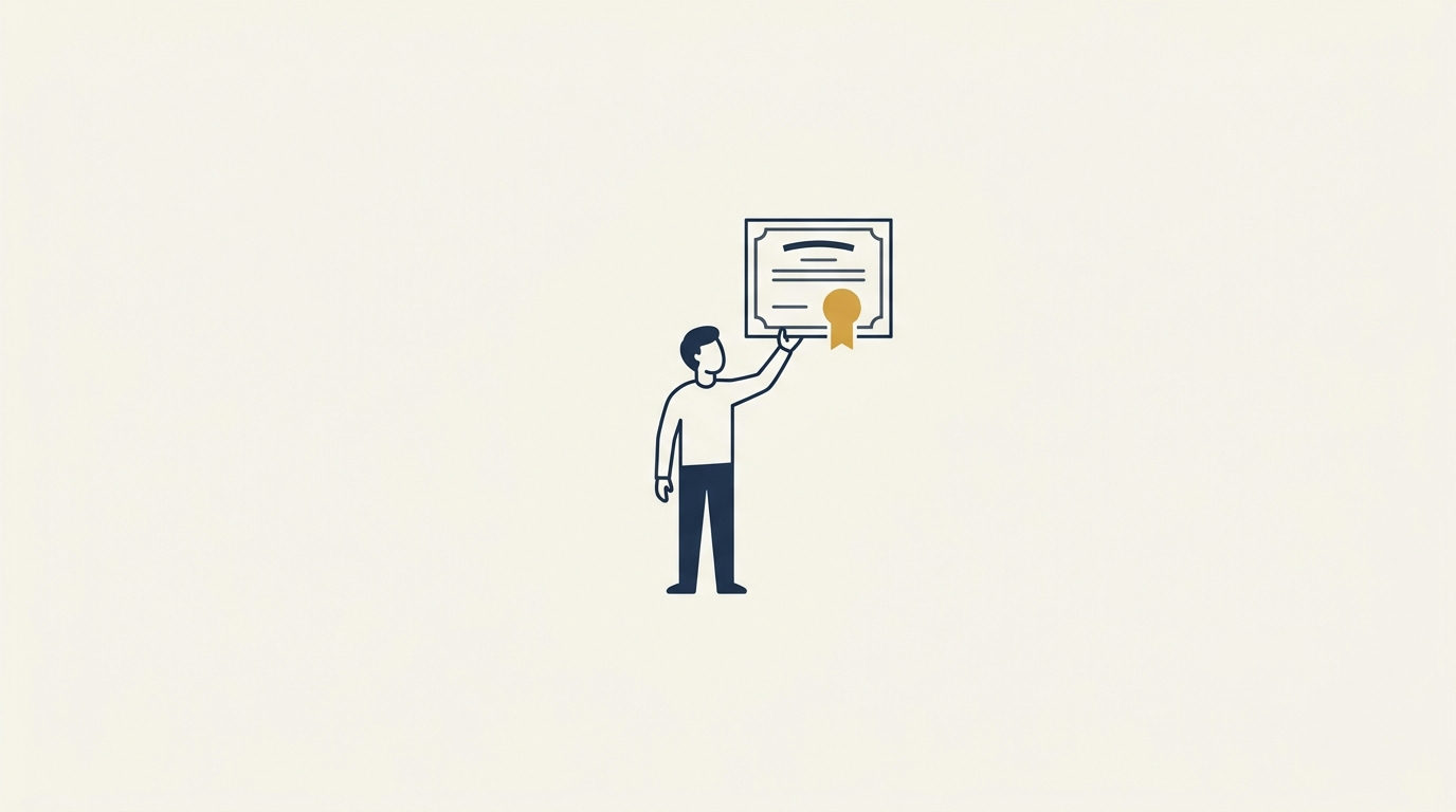 Faceless figure on an ivory background holds up a brass and navy certificate document.