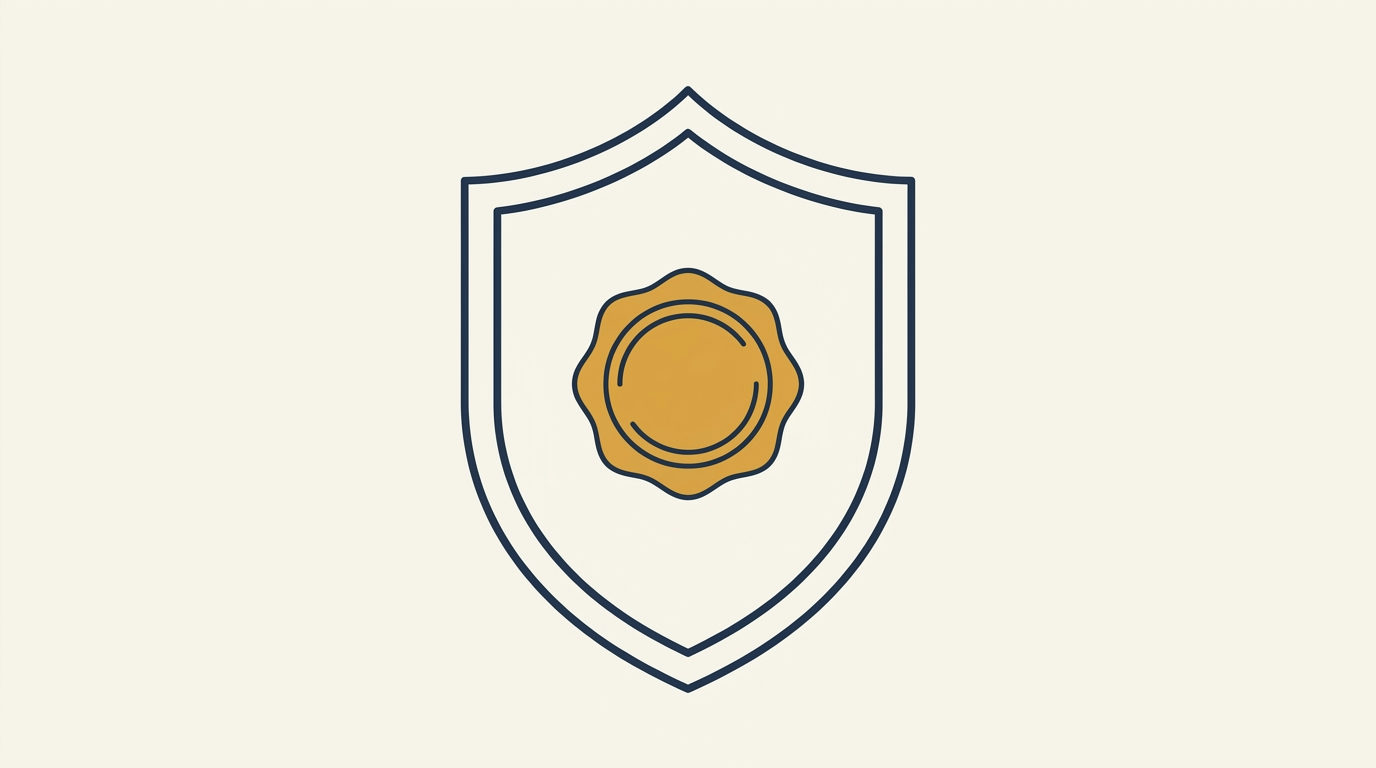 Deep navy shield outline secures a brass gold EU verification seal on a warm ivory background.