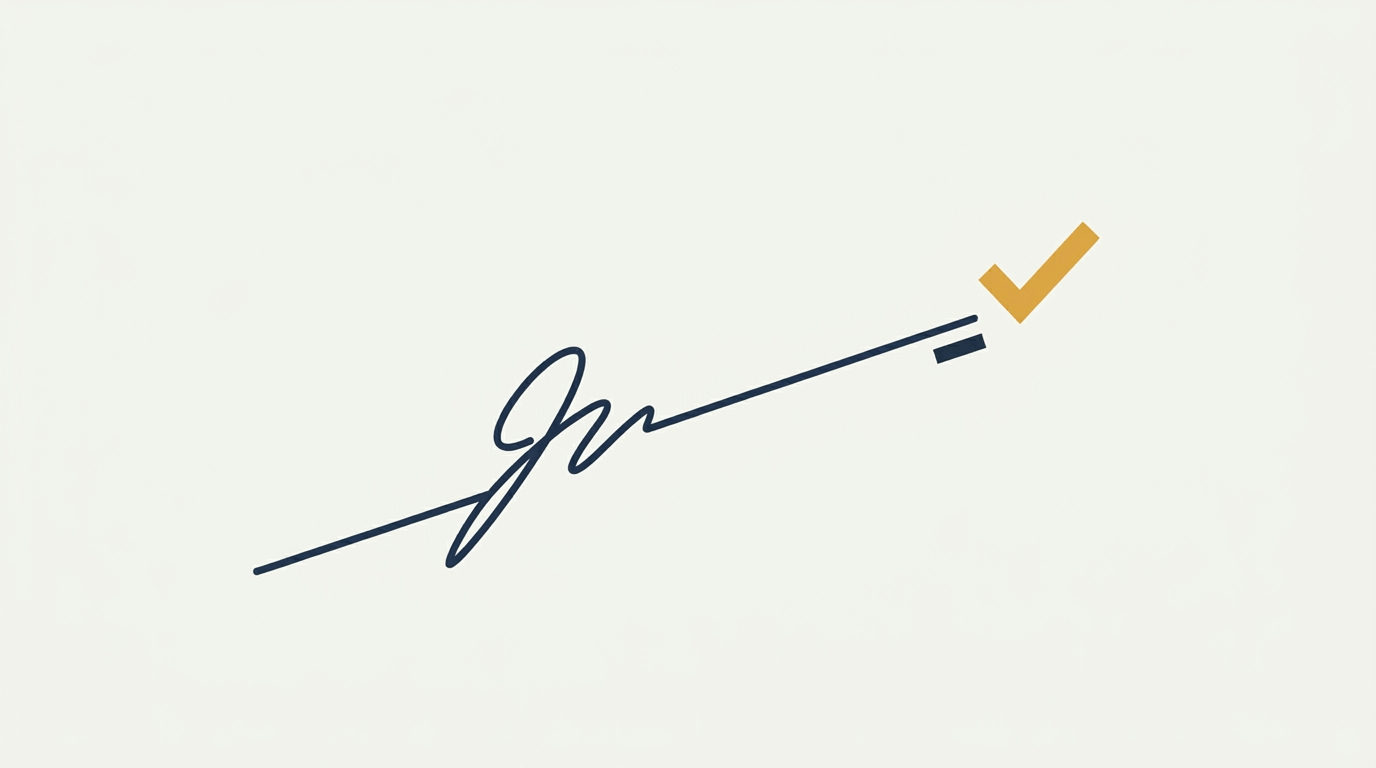Deep navy signature line and brass gold checkmark badge on a warm ivory background.