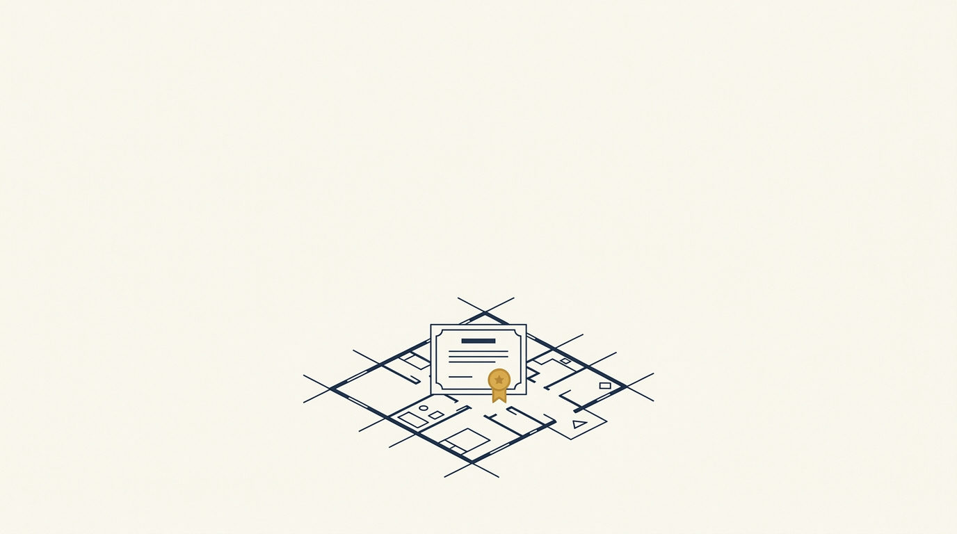 Gold-sealed certificate on a navy architectural floor plan, against ivory background with vast white space.