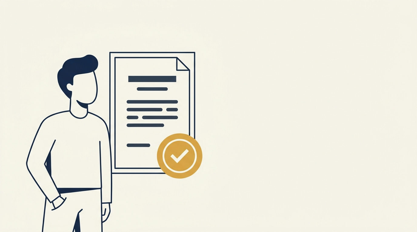 Stylized figure beside a document with abstract strokes and a gold verification seal on cream.