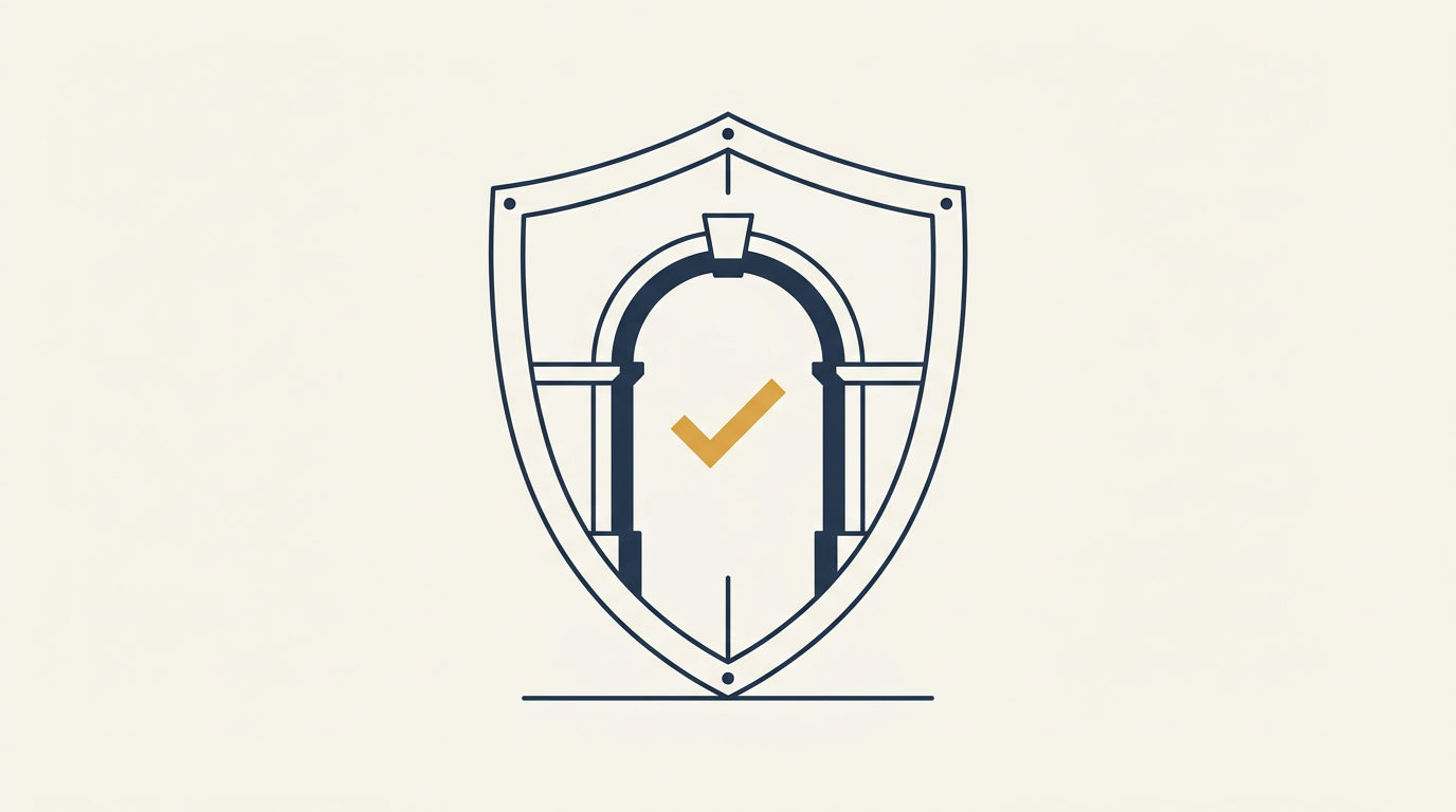 Minimalist vector illustration of a navy checkmark within a brass archway on a soft ivory background.