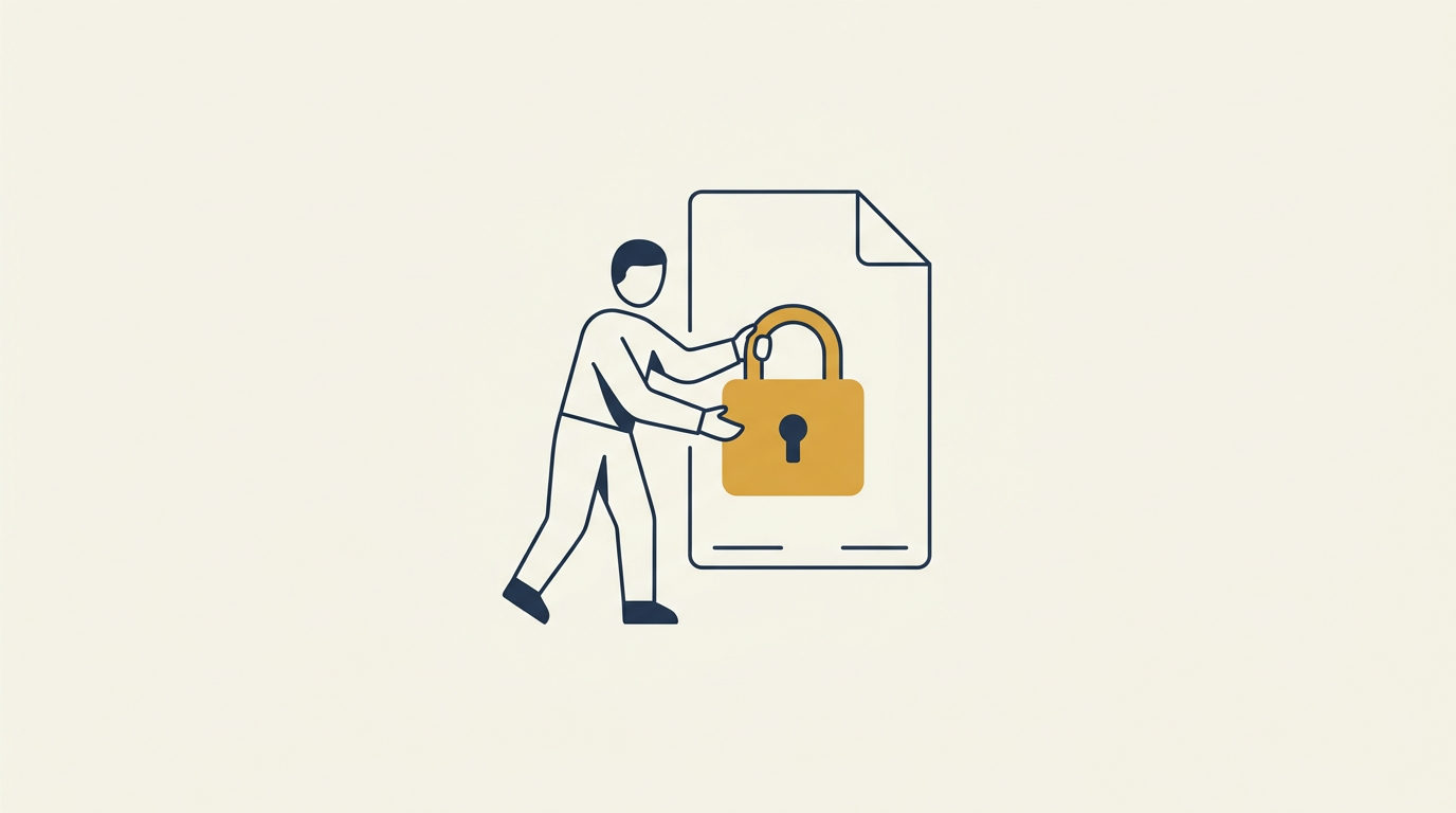 Stylized figure securing a gold padlock onto a digital document, symbolizing verification on a cream background.