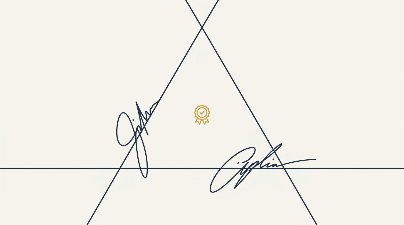 Three intersecting navy signature lines forming a large triangle with a small gold verification seal at the center.
