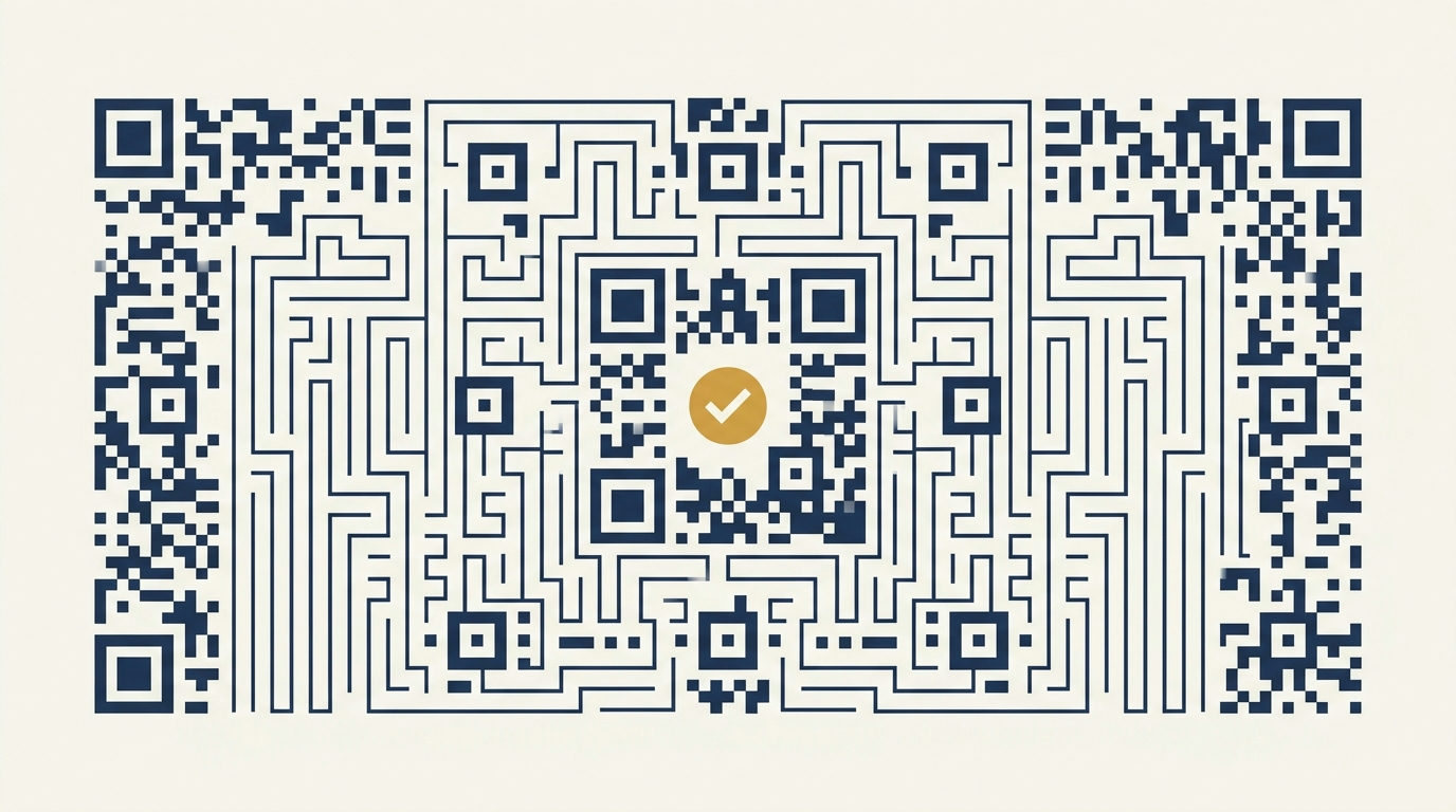 Vast deep navy QR code labyrinth with a tiny brass gold checkmark on a cream background.