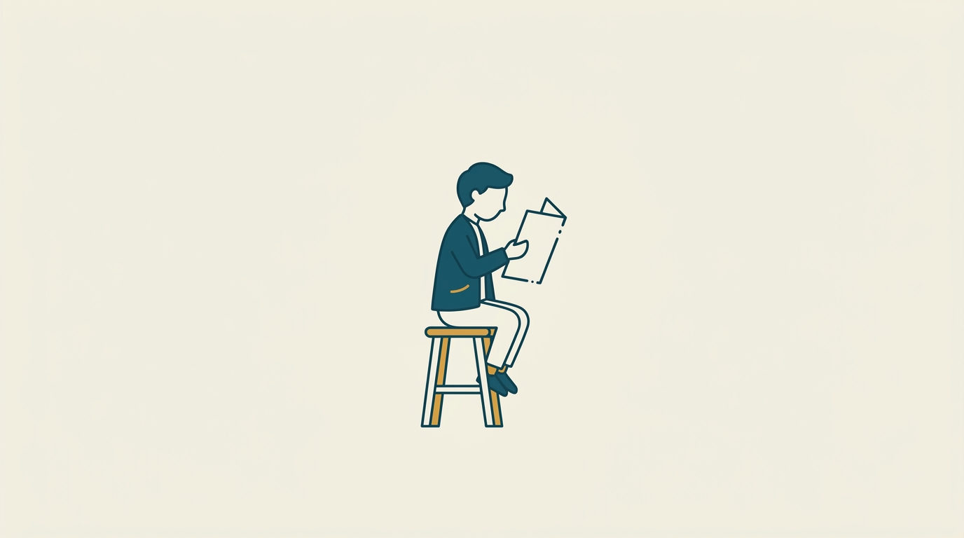 Minimalistisk figur på pall granskar papper mot stor, luftig off-white bakgrund.
