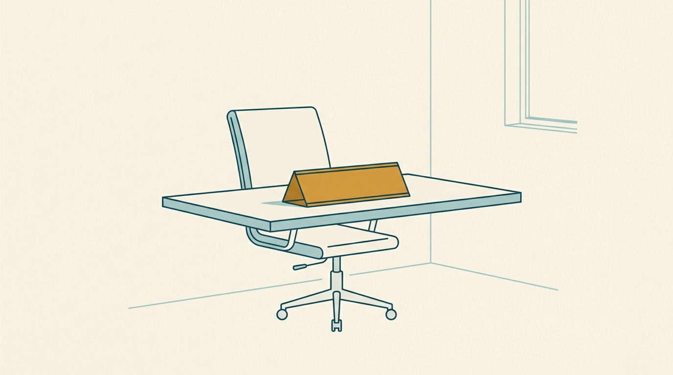 Minimalist skrivbord med tom kontorsstol och namnskylt. Ljusblå linjer definierar rummet.