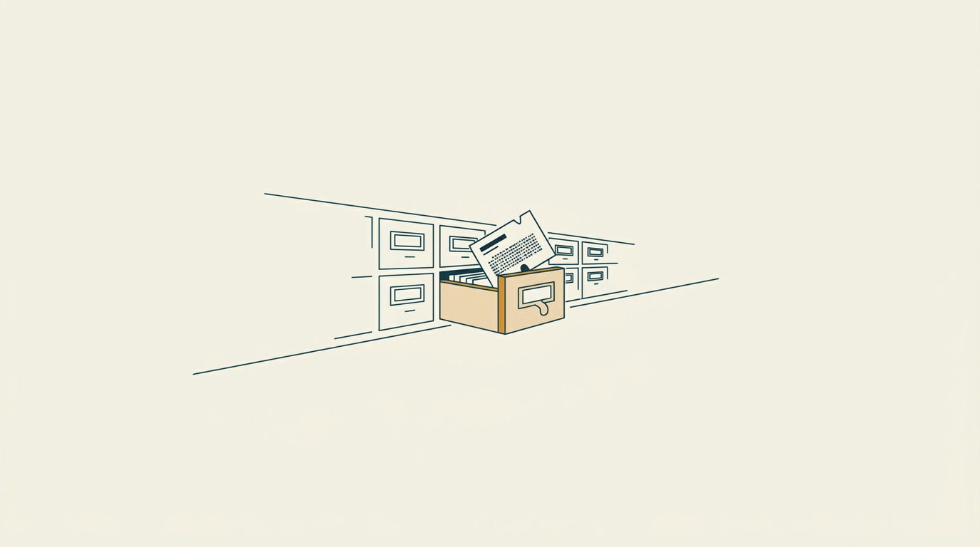 Minimalistisk vektorillustration av en liten öppen kartotekslåda med ett utdraget kort mot en vidsträckt ljus bakgrund.