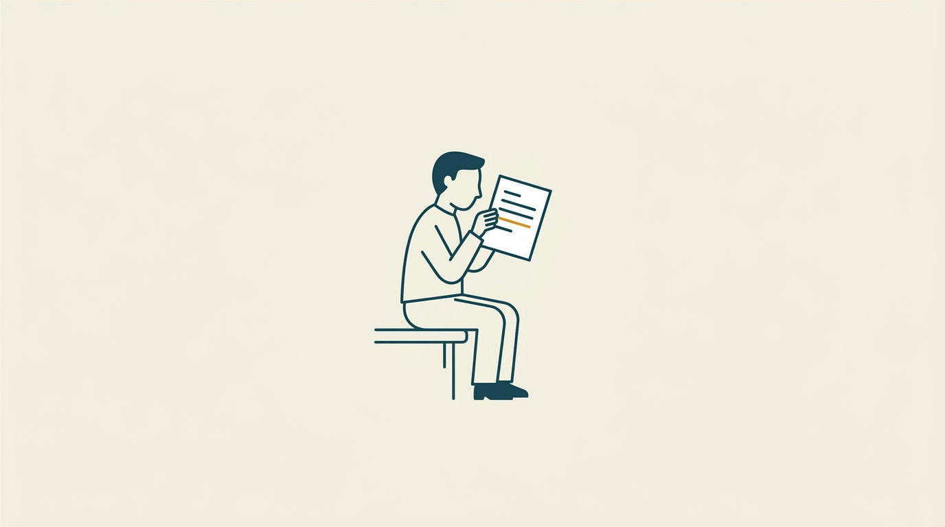 Minimalistisk vektorillustration av en sittande ansiktslös figur som granskar ett papper mot en stor, ljus bakgrund.