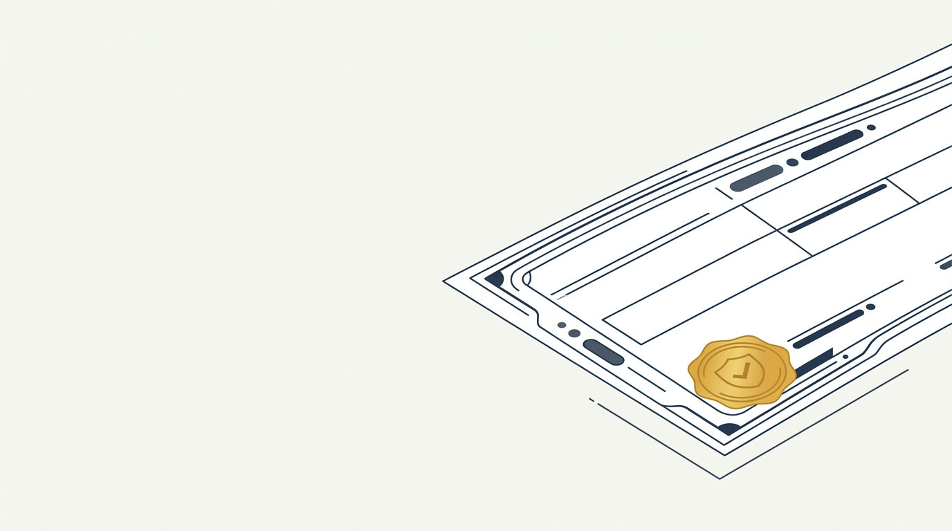 Minimalistyczna ilustracja wektorowa przedstawiająca narożnik zaświadczenia o ukończeniu szkolenia z wyraźnymi granatowymi liniami i złotą pieczęcią zabezpieczającą.