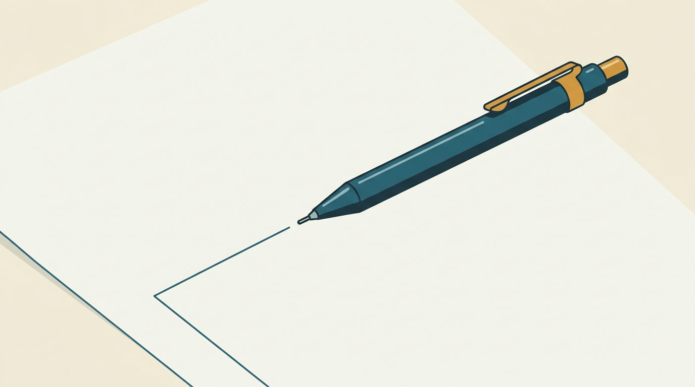 Minimalistisk vektorillustration av en elegant stiftpenna på ljust papper, riktad mot en rak geometrisk linje.