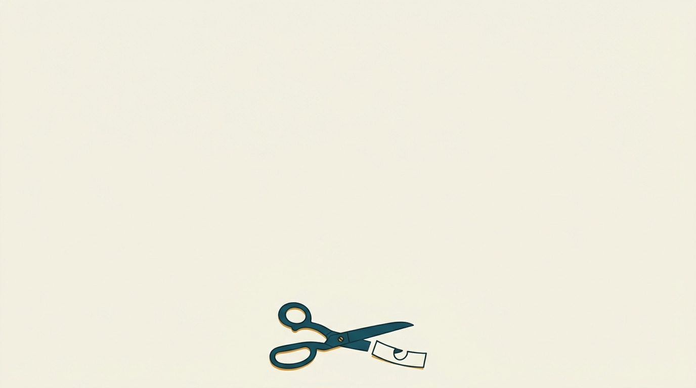Minimalistisk illustration: redigeringssax och en pappersremsa på en stor, vit yta.