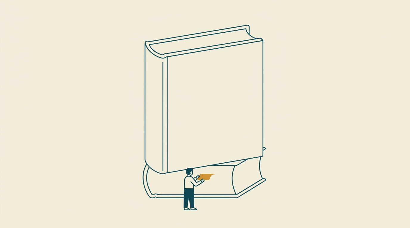 Minimalistisk illustration av en liten figur som placerar ett ockrafärgat registerflik på en stor bok.
