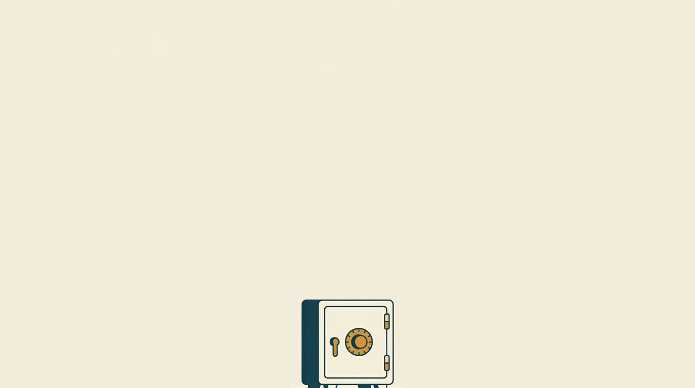 Minimalistisk illustration av ett litet stängt kassaskåp med kodlås mot en stor, öppen och ljus bakgrund.