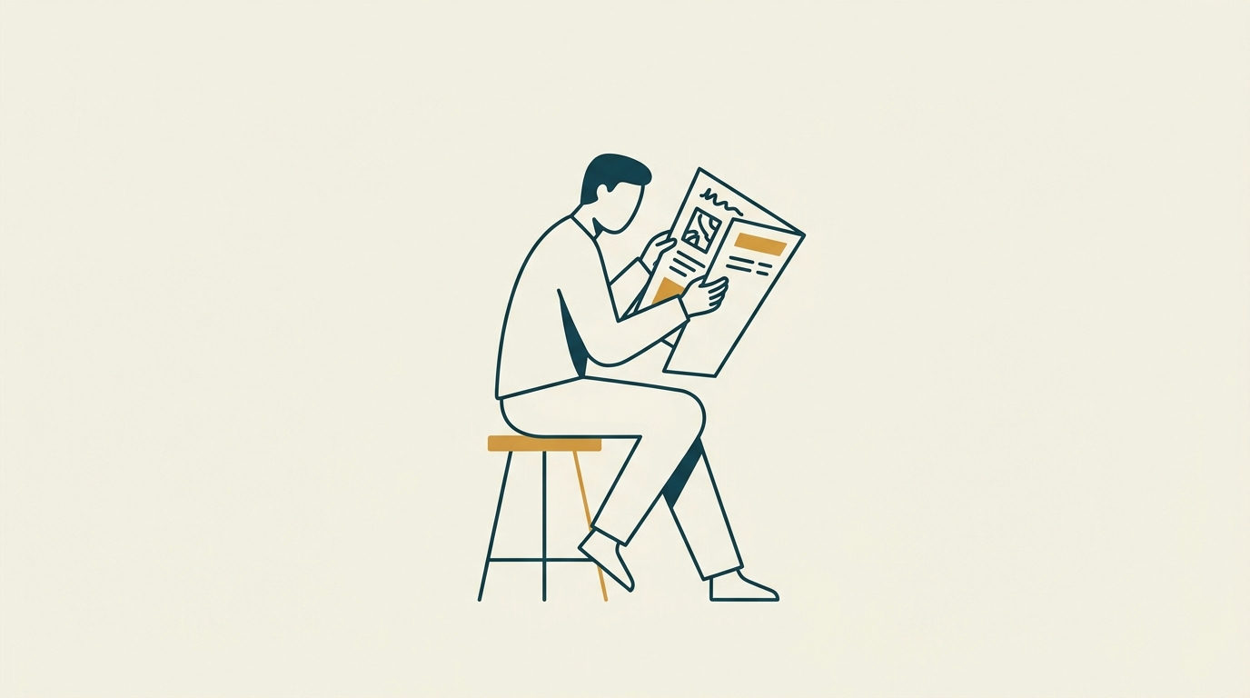 Stiliserad vektorillustration av en sittande figur i profil som noggrant granskar ett dokument mot ljus bakgrund.