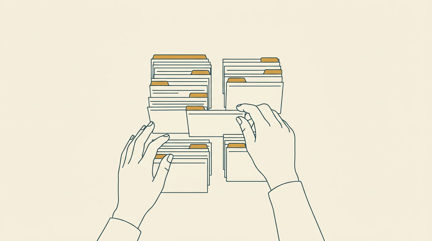 Händer som arrangerar prydliga indexkort i strukturerade rader, minimalistisk vektorillustration i blått och ockra på ljus bakgrund.